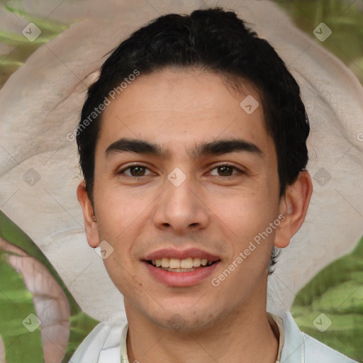 Joyful white young-adult male with short  black hair and brown eyes