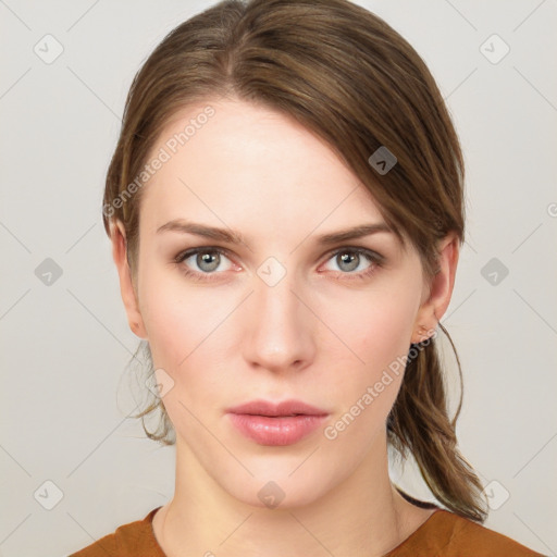 Neutral white young-adult female with medium  brown hair and grey eyes