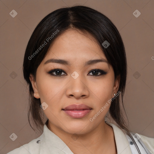 Neutral asian young-adult female with medium  black hair and brown eyes