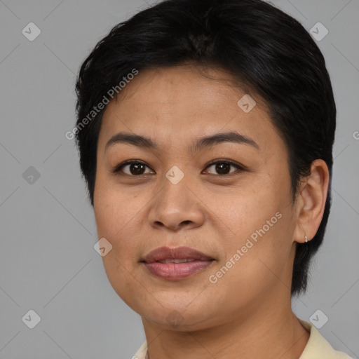 Joyful asian young-adult female with short  brown hair and brown eyes