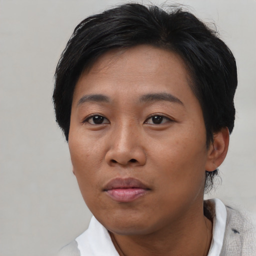 Neutral asian adult female with short  black hair and brown eyes