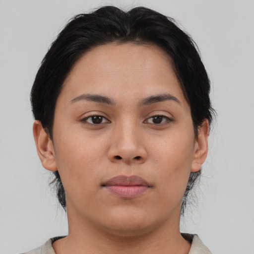 Neutral asian young-adult female with medium  brown hair and brown eyes
