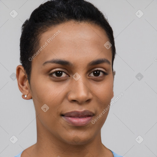 Joyful latino young-adult female with short  brown hair and brown eyes