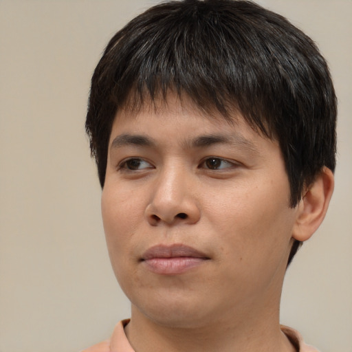 Neutral asian young-adult male with short  brown hair and brown eyes