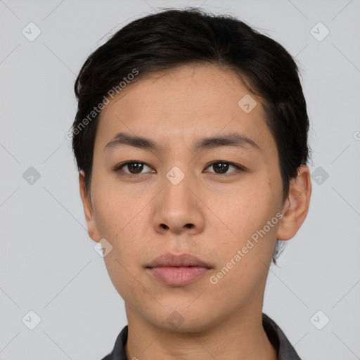 Neutral asian young-adult male with short  black hair and brown eyes