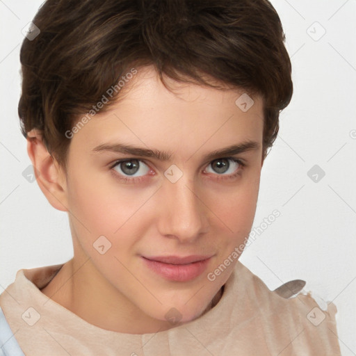 Joyful white child female with short  brown hair and brown eyes