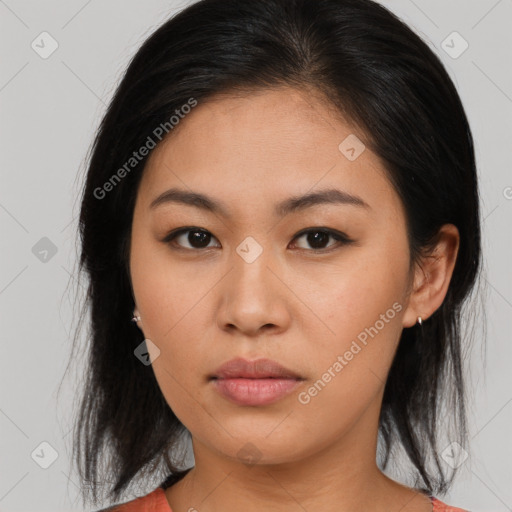 Neutral asian young-adult female with medium  brown hair and brown eyes