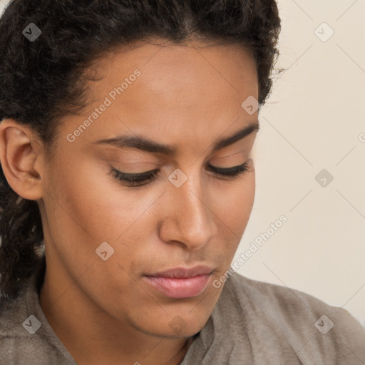 Neutral white young-adult female with short  brown hair and brown eyes