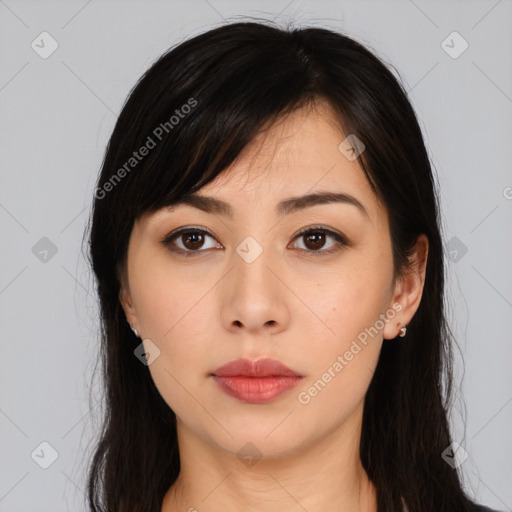 Neutral asian young-adult female with long  black hair and brown eyes