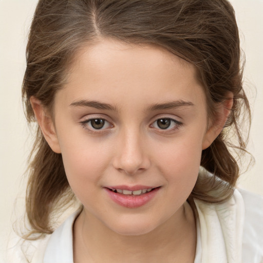 Joyful white child female with medium  brown hair and brown eyes