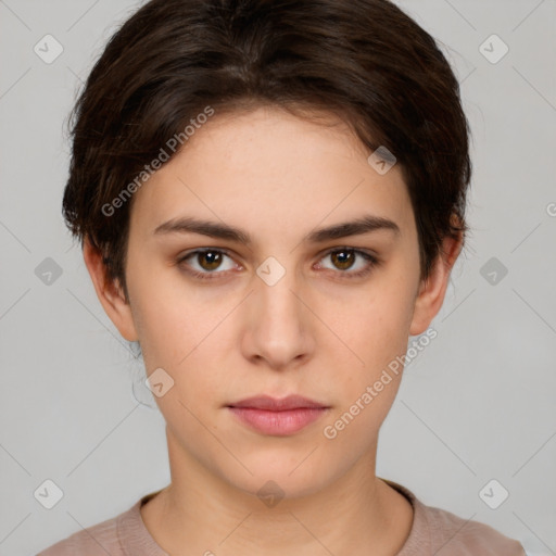 Neutral white young-adult female with short  brown hair and brown eyes