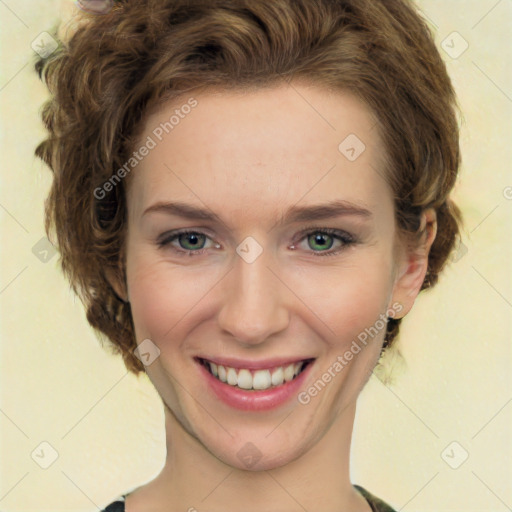 Joyful white young-adult female with medium  brown hair and green eyes