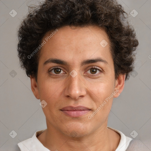 Joyful white adult female with short  brown hair and brown eyes