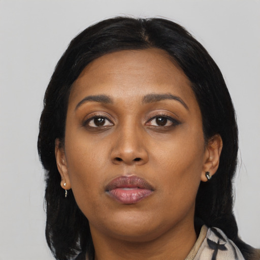 Neutral black young-adult female with long  black hair and brown eyes