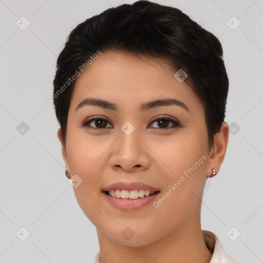 Joyful asian young-adult female with short  brown hair and brown eyes