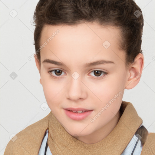 Joyful white child female with short  brown hair and brown eyes