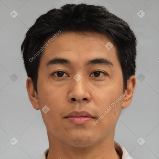 Neutral asian young-adult male with short  black hair and brown eyes