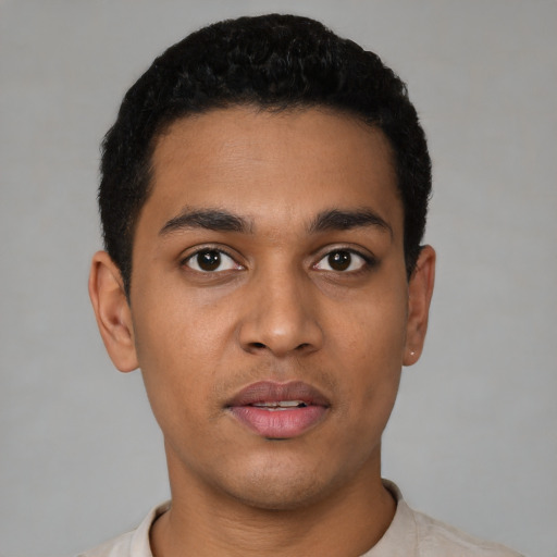Joyful black young-adult male with short  black hair and brown eyes