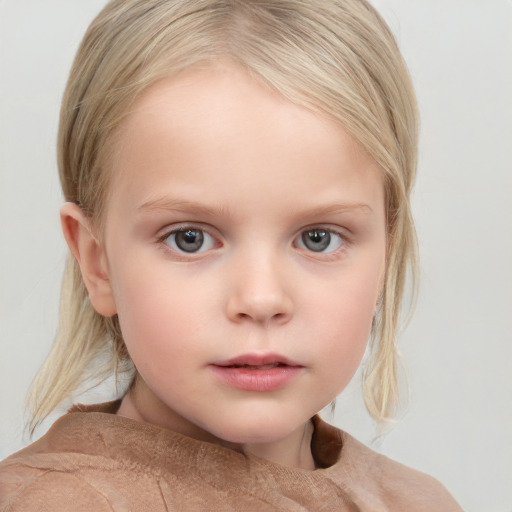 Neutral white child female with medium  brown hair and grey eyes