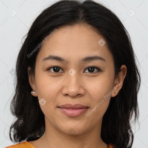 Joyful asian young-adult female with medium  brown hair and brown eyes