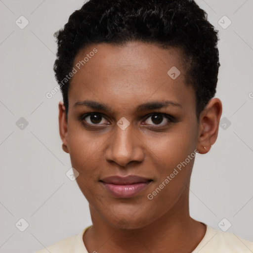 Joyful black young-adult female with short  brown hair and brown eyes