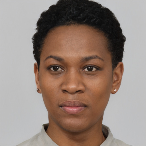 Neutral black young-adult female with short  black hair and brown eyes