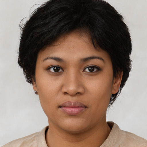 Neutral asian young-adult female with short  black hair and brown eyes