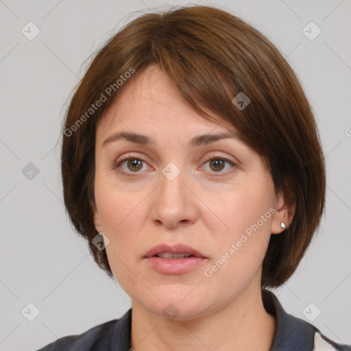 Neutral white adult female with medium  brown hair and grey eyes