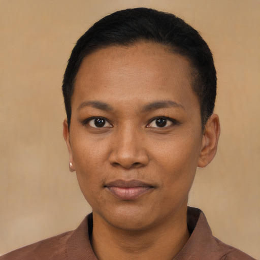 Joyful black young-adult female with short  black hair and brown eyes