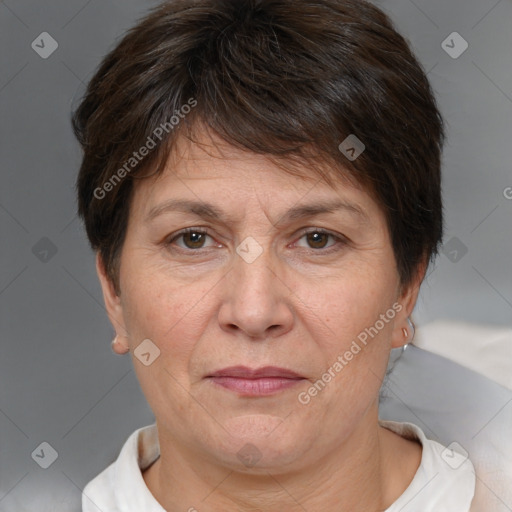 Joyful white adult female with short  brown hair and brown eyes