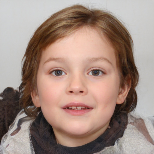 Joyful white child female with medium  brown hair and blue eyes