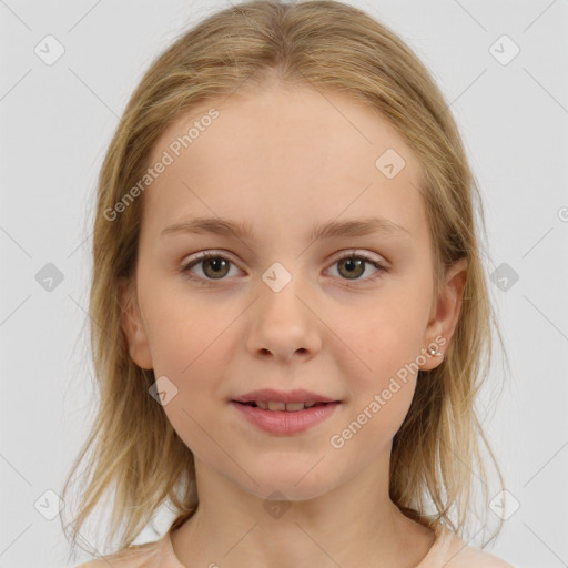 Joyful white child female with medium  brown hair and brown eyes