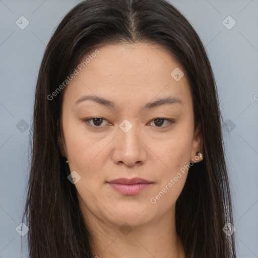 Joyful asian young-adult female with long  brown hair and brown eyes