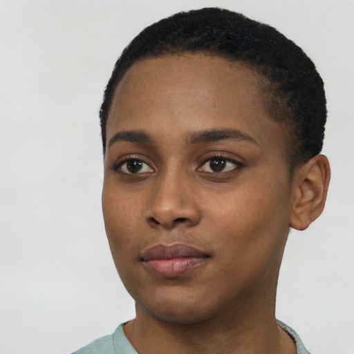 Neutral black young-adult female with short  black hair and brown eyes