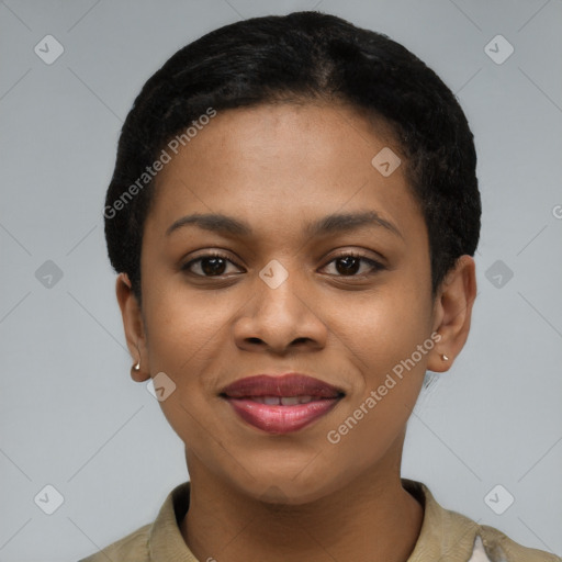 Joyful latino young-adult female with short  brown hair and brown eyes