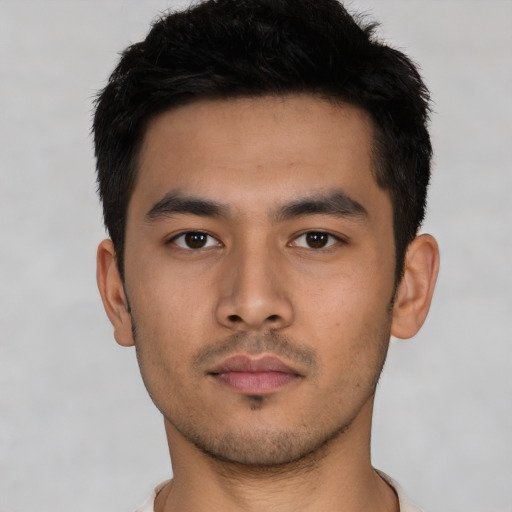 Neutral asian young-adult male with short  black hair and brown eyes