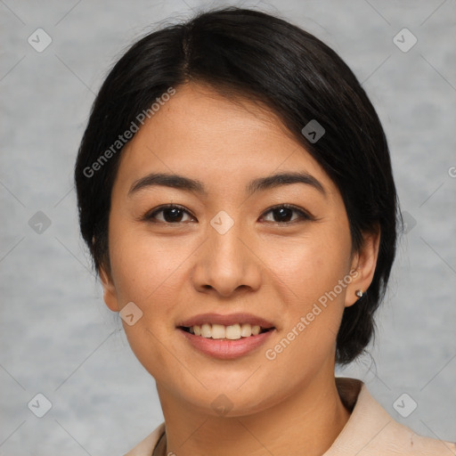 Joyful asian young-adult female with medium  black hair and brown eyes