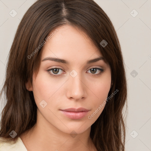 Neutral white young-adult female with medium  brown hair and brown eyes