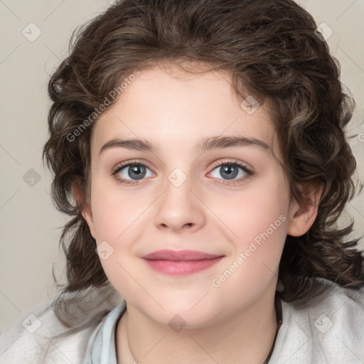 Joyful white child female with medium  brown hair and brown eyes