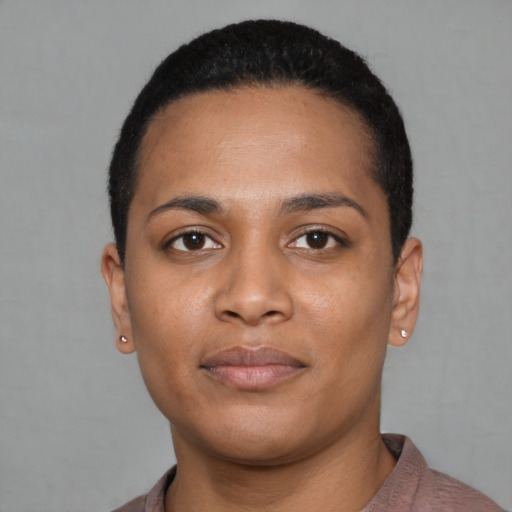 Neutral latino young-adult female with short  black hair and brown eyes