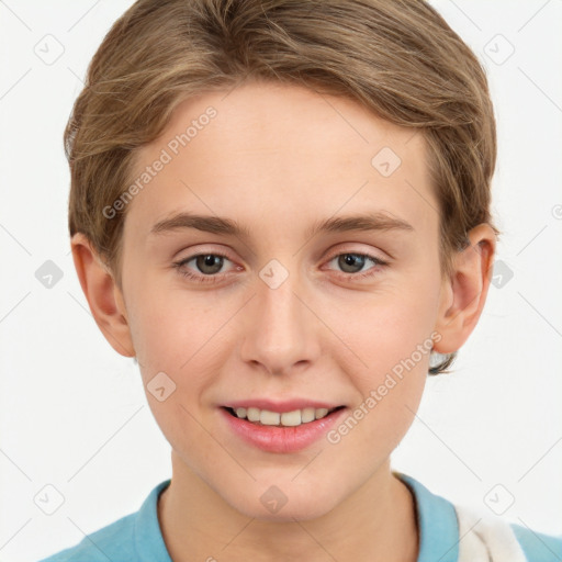 Joyful white young-adult female with short  brown hair and grey eyes