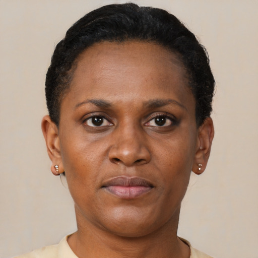 Neutral black adult female with short  brown hair and brown eyes