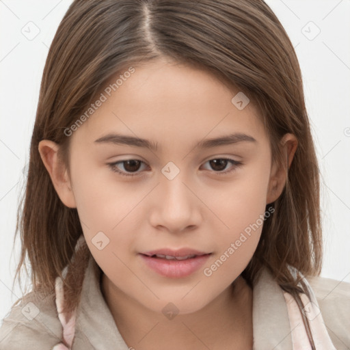 Joyful white child female with medium  brown hair and brown eyes