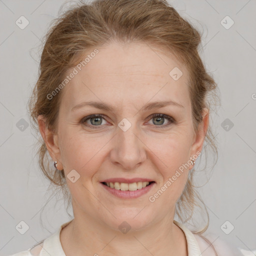 Joyful white young-adult female with medium  brown hair and blue eyes