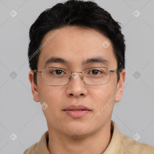 Neutral asian young-adult male with short  black hair and brown eyes