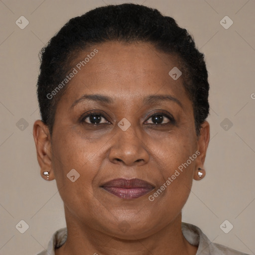 Joyful black adult female with short  brown hair and brown eyes