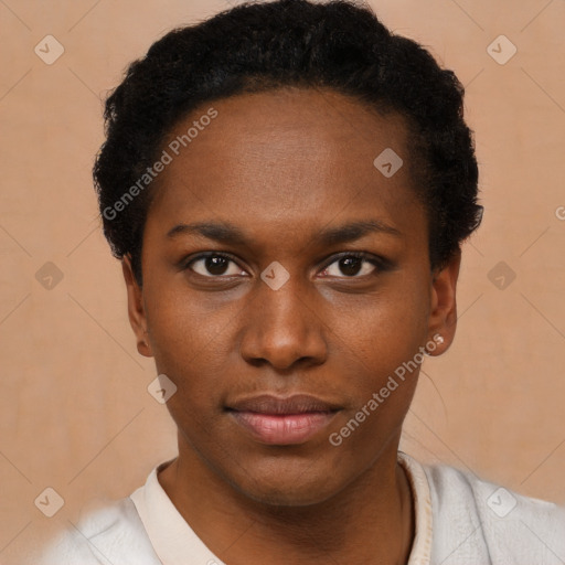 Neutral black young-adult female with short  black hair and brown eyes