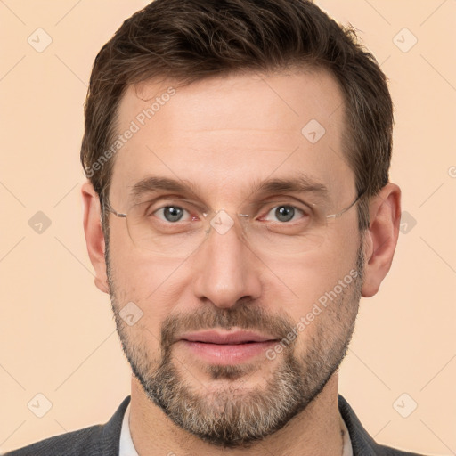 Joyful white adult male with short  brown hair and grey eyes