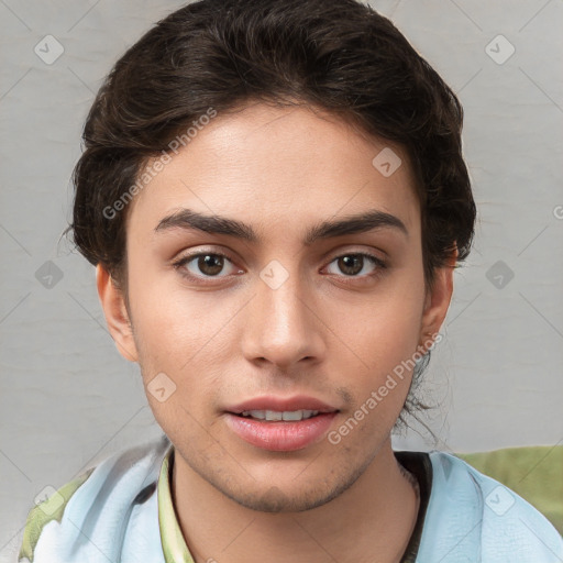 Neutral white young-adult female with short  brown hair and brown eyes