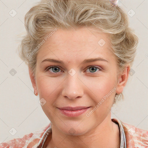 Joyful white young-adult female with medium  brown hair and blue eyes